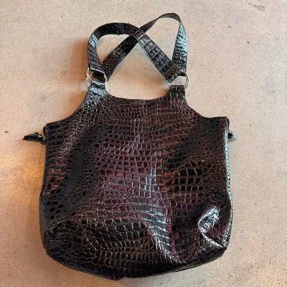 Lulu Black Crocodile Embossed Leather Shoulder Bag